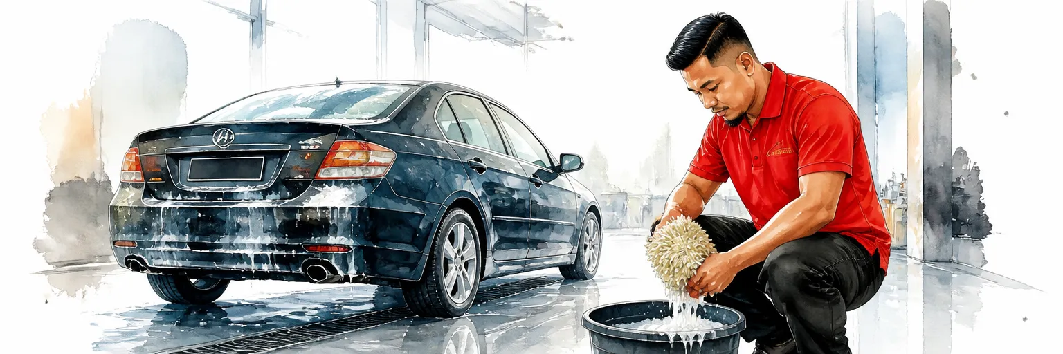 Watercolour illustration of a technician rinsing a wash mitt in a bucket beside a half washed saloon.