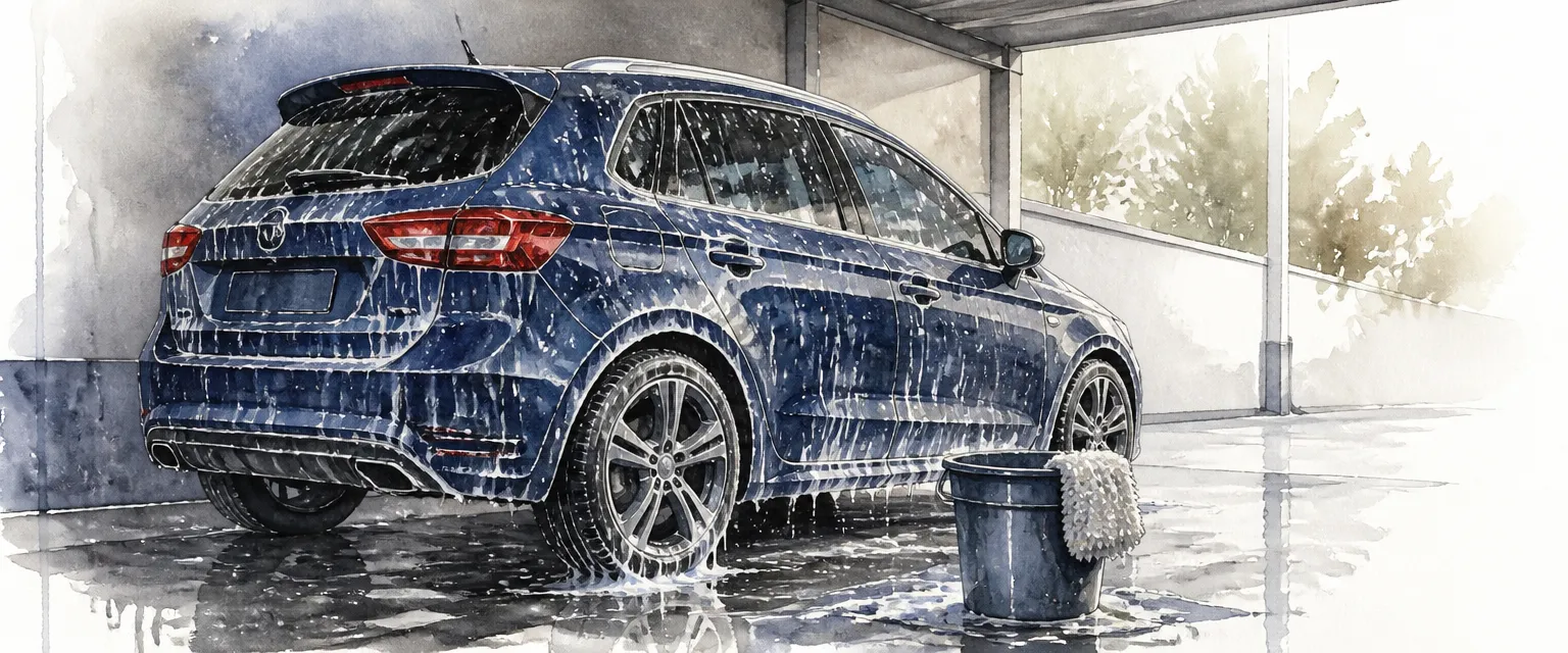Watercolour illustration of a soapy hatchback mid wash with a wash mitt resting on a bucket beside it.