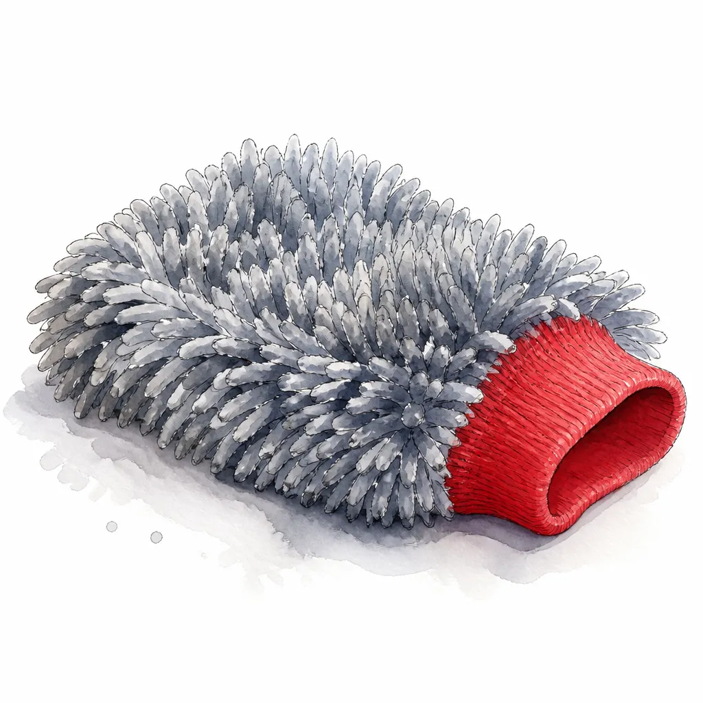 Watercolour close-up of a glove shaped microfibre wash mitt with deep soft pile.