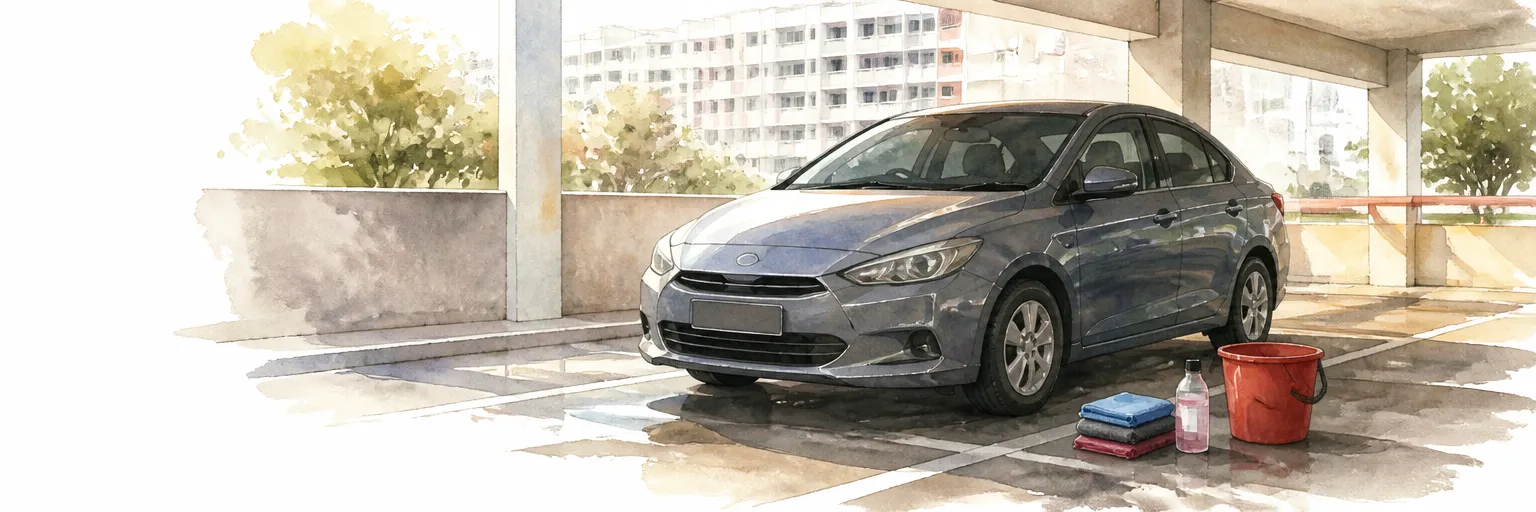 Watercolour illustration of wash gear set out beside a parked saloon at an HDB carpark.