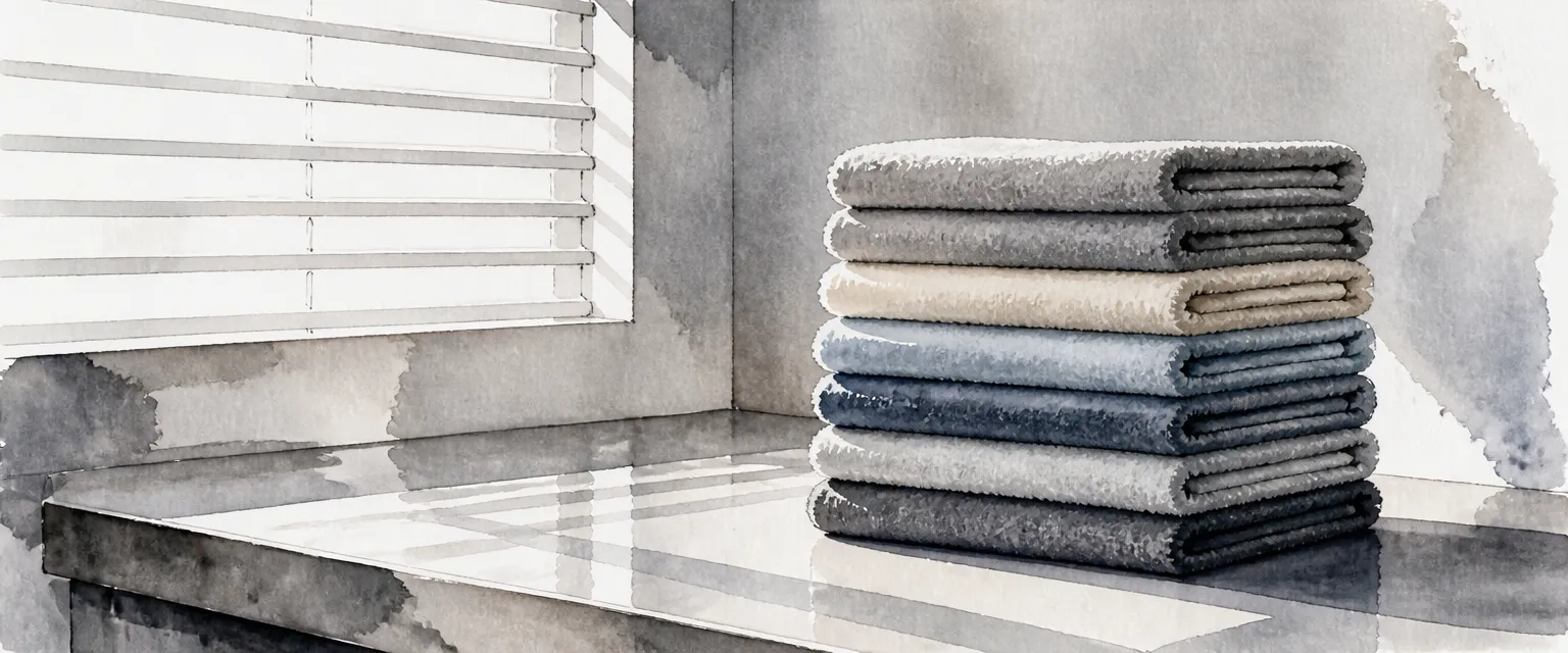 Watercolour illustration of folded microfibre cloths stacked on a workbench in soft daylight.