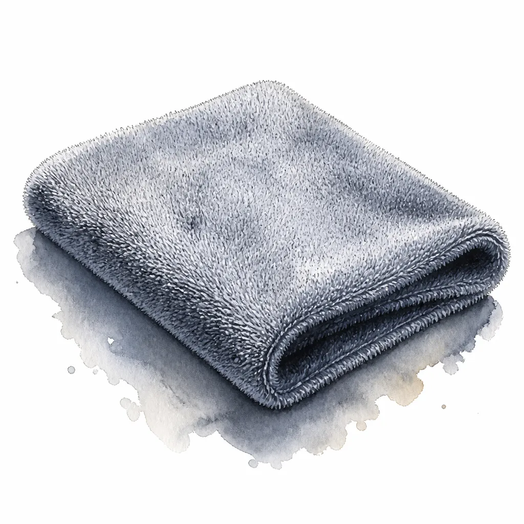 Watercolour close-up of a single folded microfibre cloth with soft edges.