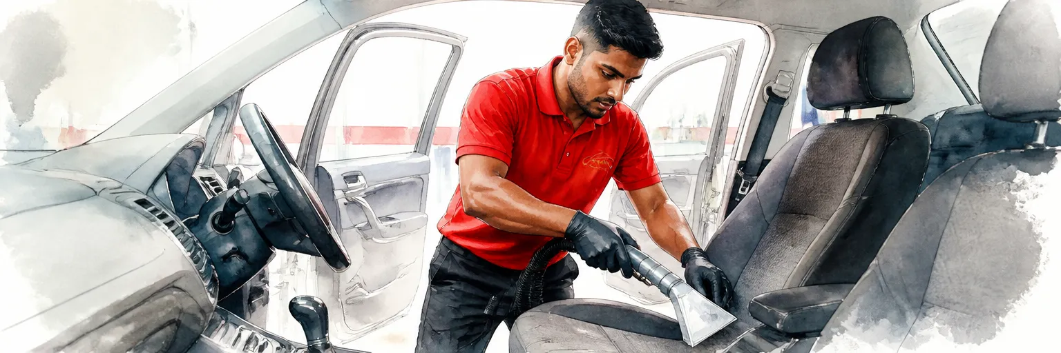 Watercolour illustration of a technician extracting a fabric car seat with the doors open wide.