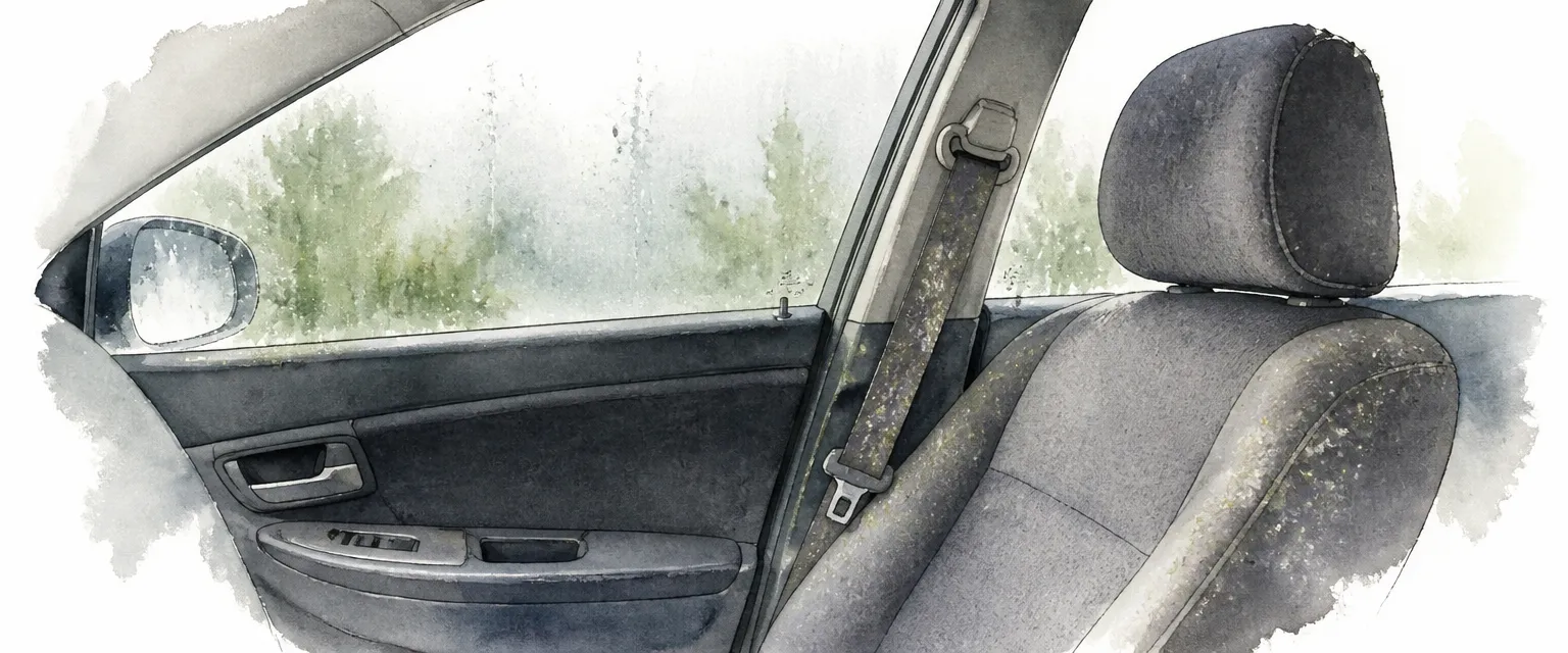 Watercolour illustration of faint mould speckling a fabric seat and seatbelt inside a fogged car cabin.