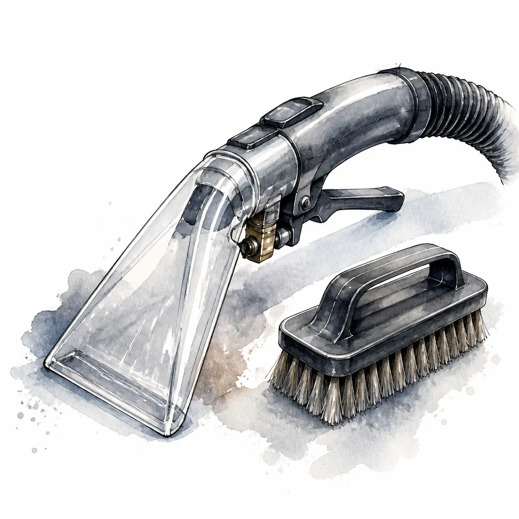 Watercolour close-up of an upholstery extraction wand beside an interior brush.