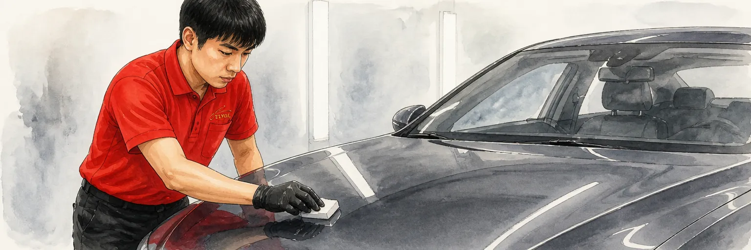Watercolour illustration of a technician applying ceramic coating to a bonnet with a small applicator.