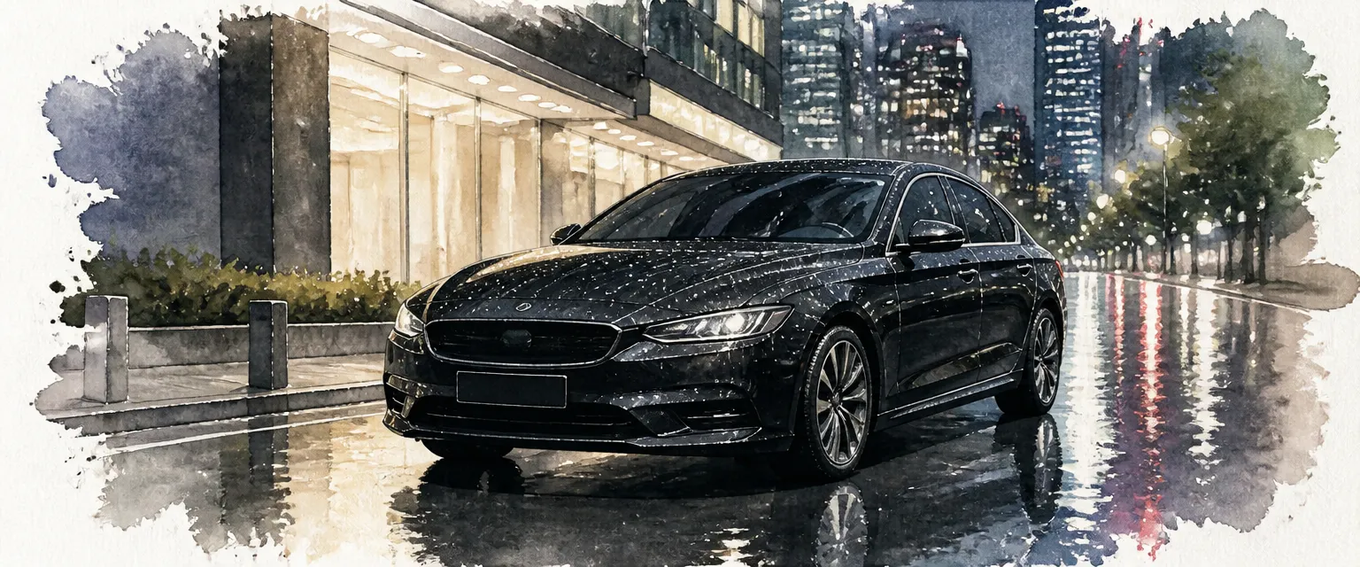Watercolour illustration of a coated black saloon on a wet city street at night with rain beading on the paint.