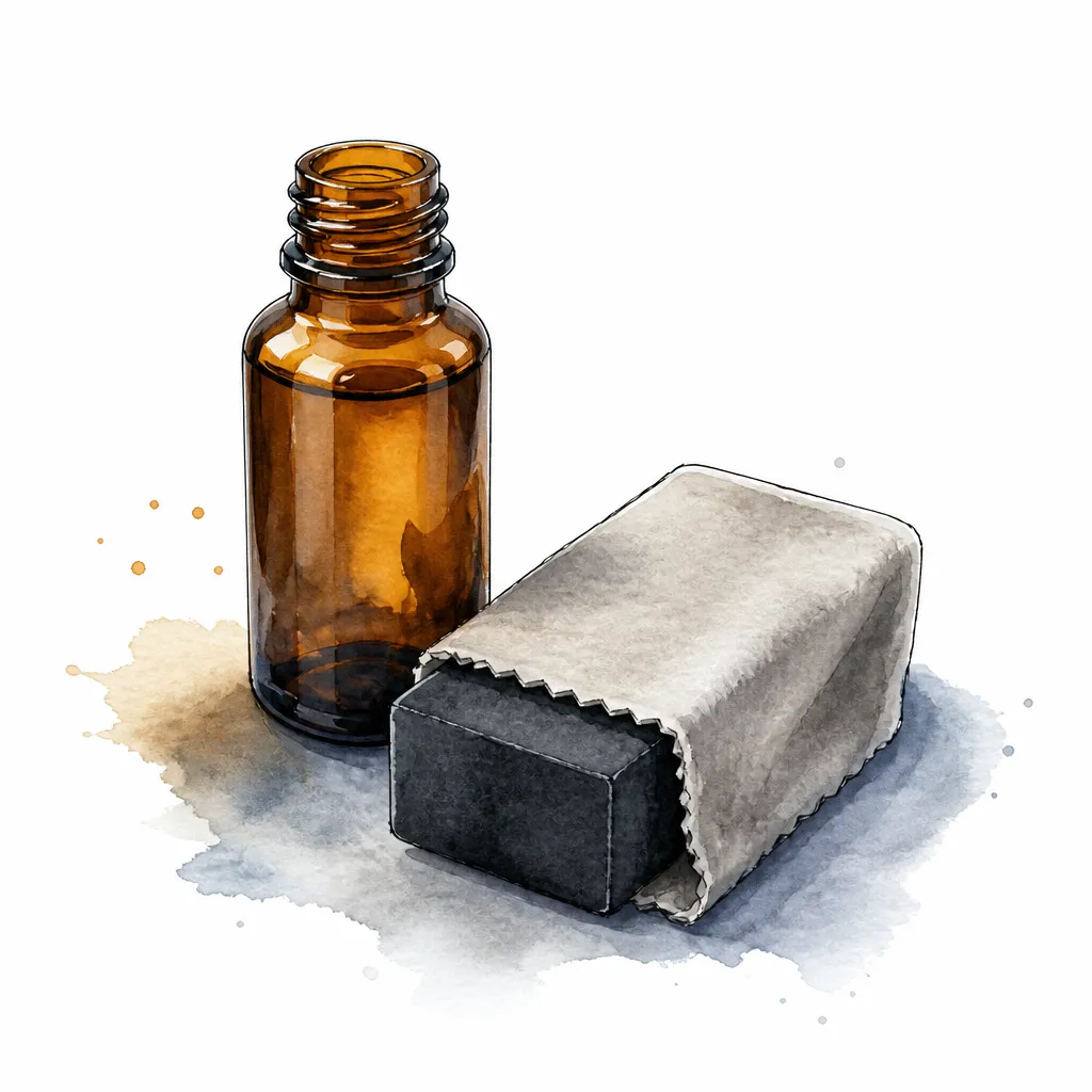 Watercolour close-up of a coating bottle beside a suede wrapped foam applicator.