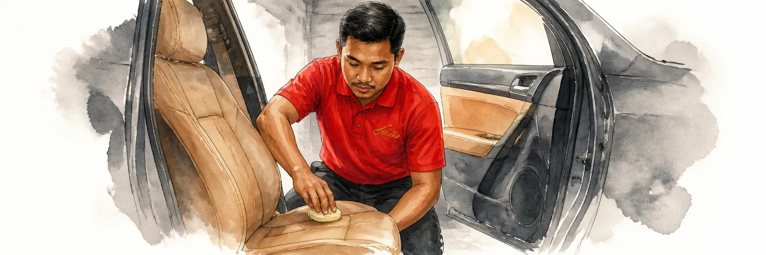 Watercolour illustration of a technician conditioning a tan leather car seat with a small pad.