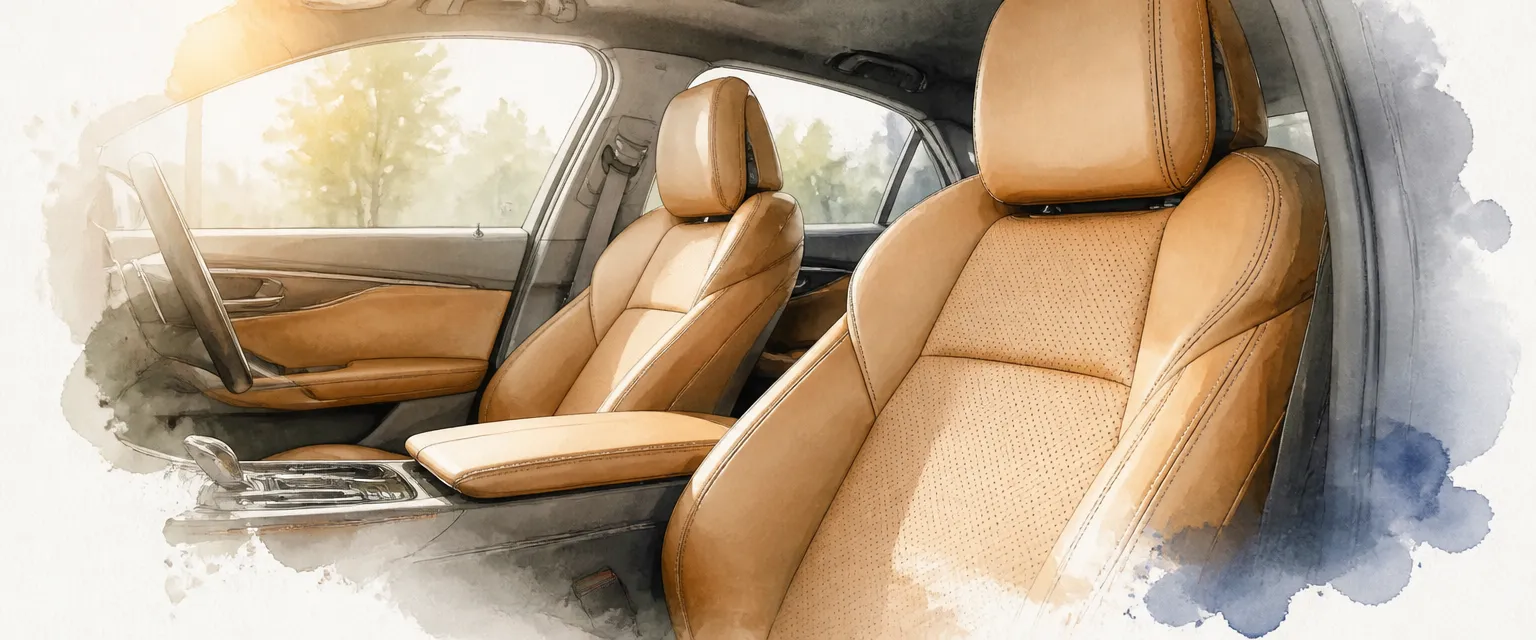 Watercolour close-up of soft full grain tan leather seats in a luxury car cabin in morning light.
