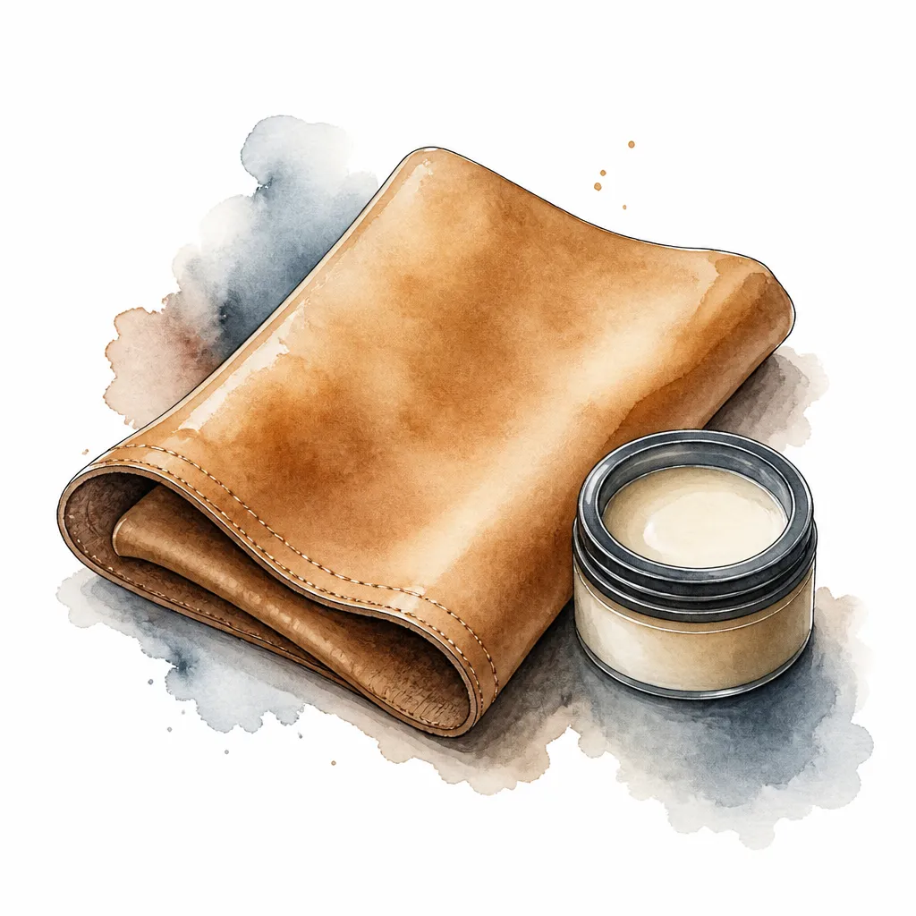 Watercolour close-up of a folded tan leather swatch beside a jar of conditioner.
