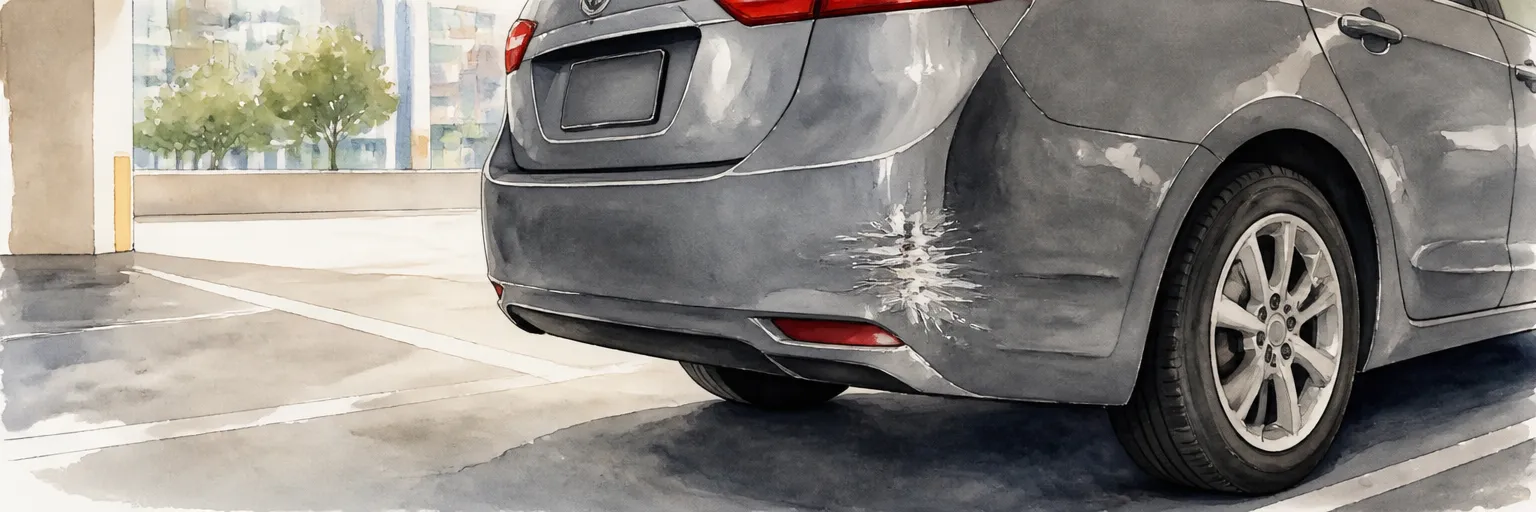 Watercolour illustration of a lightly scuffed bumper corner on a saloon parked at an HDB carpark.