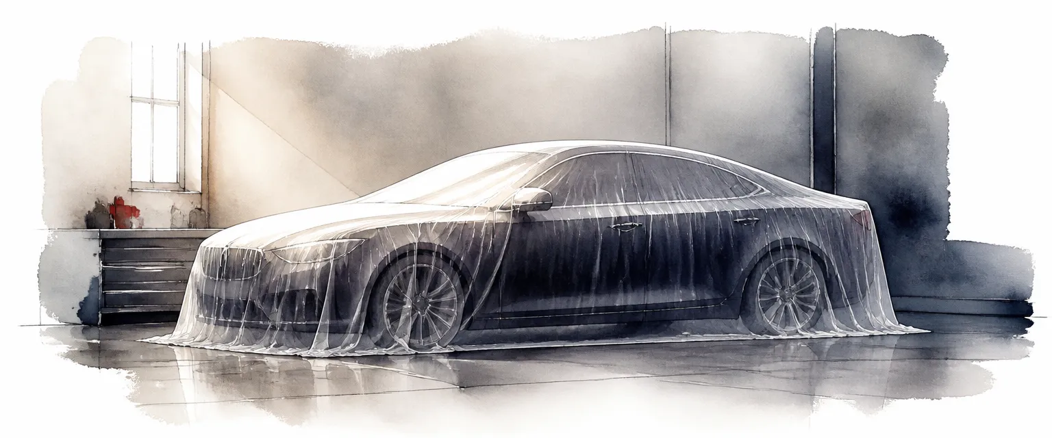 Watercolour illustration of a saloon resting under a thin translucent protective sheet in a quiet garage.
