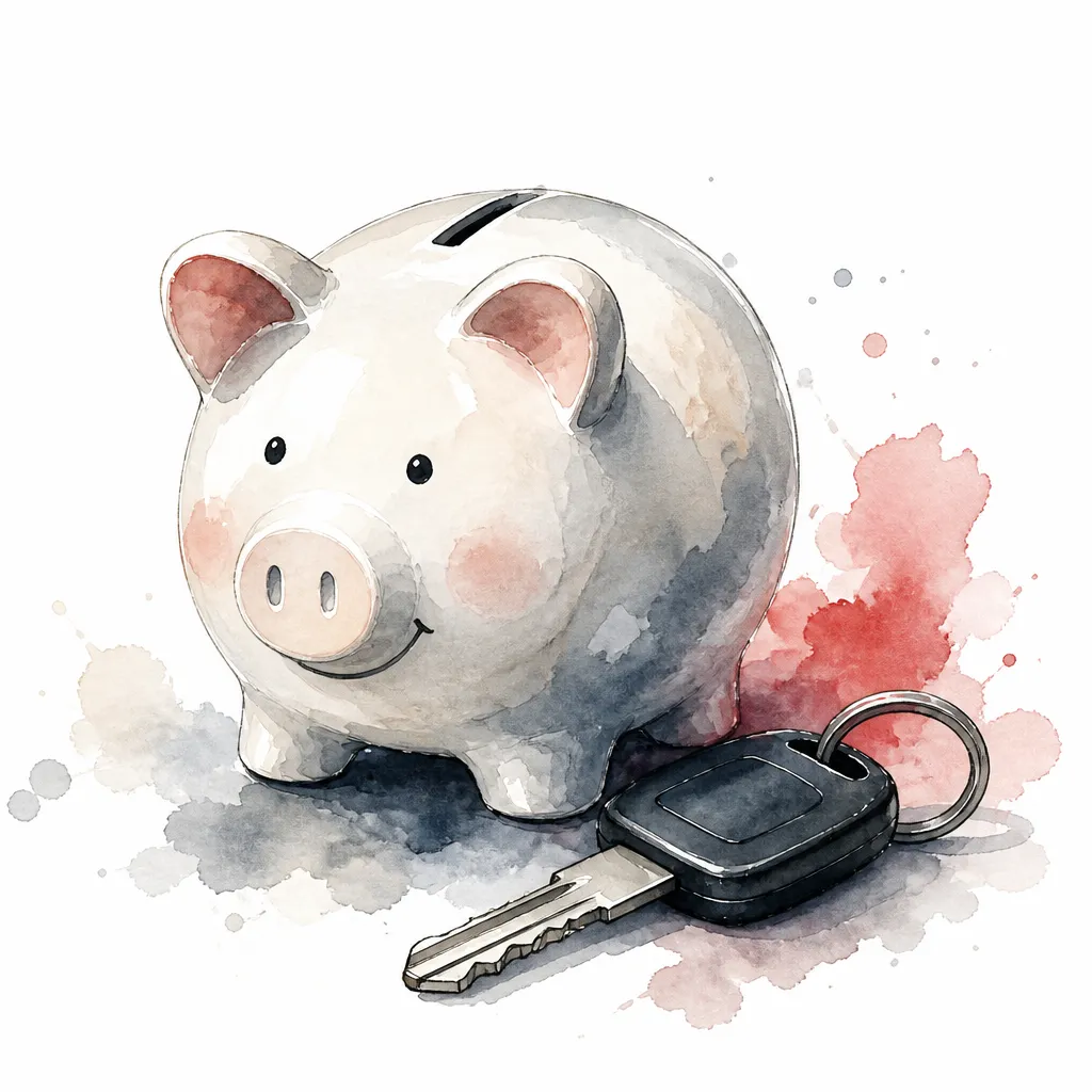 Watercolour close-up of a ceramic piggy bank with a car key beside it.