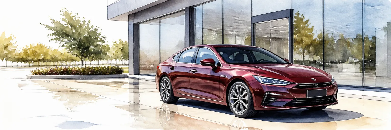 Watercolour illustration of a new saloon parked outside a glass fronted showroom in hard tropical sun.