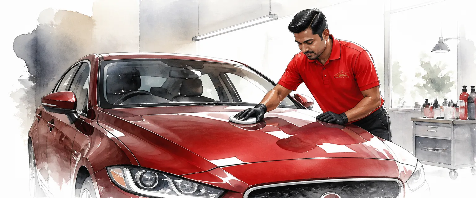 Watercolour illustration of a technician sealing the bonnet of a showroom fresh saloon with a soft pad.