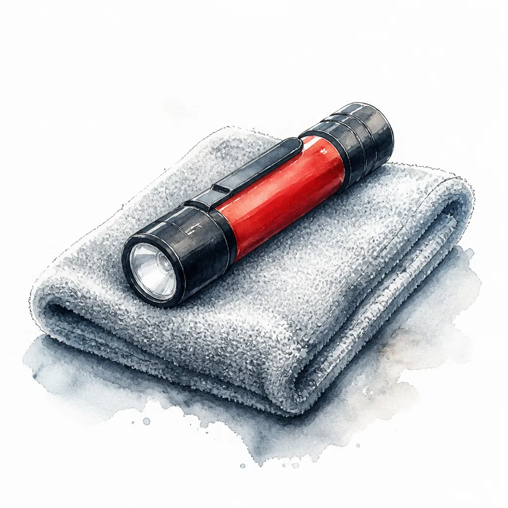 Watercolour close-up of an inspection torch resting on a folded plush towel.