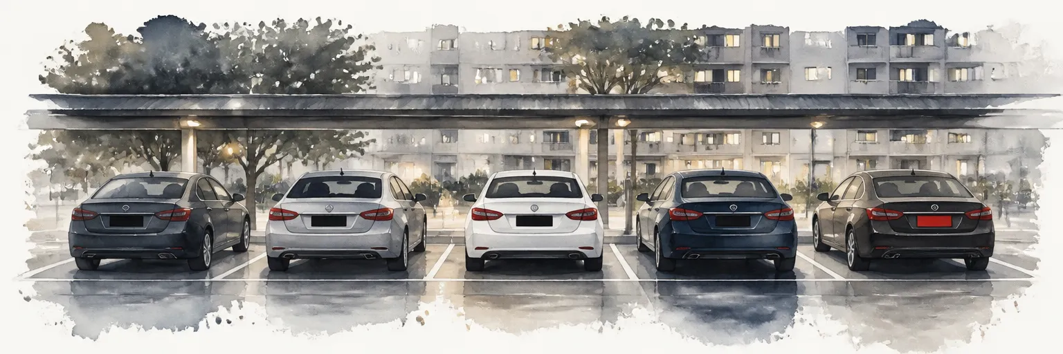 Watercolour illustration of a carpark row of parked cars with blank plates, one plate a deep red.