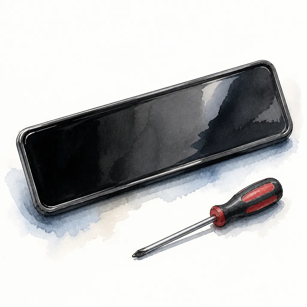 Watercolour close-up of a blank black vehicle plate with a small screwdriver beside it.