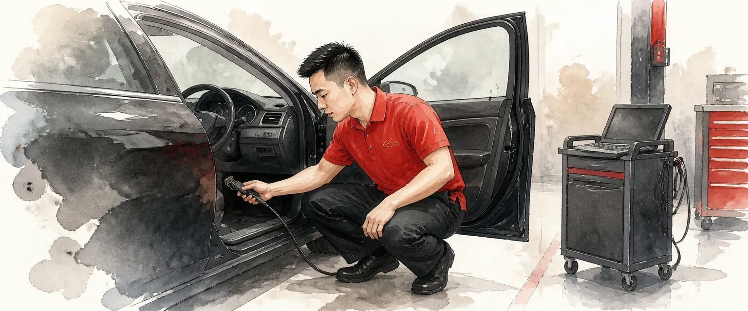 Watercolour illustration of a technician plugging a diagnostic connector in beneath a car dashboard.