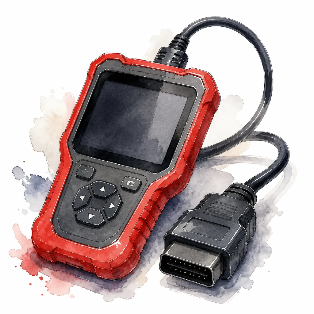 Watercolour close-up of a handheld scan tool with a blank screen and a wide connector.