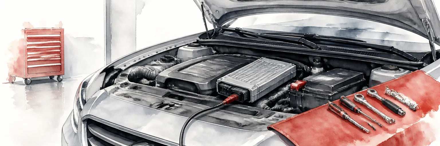 Watercolour illustration of an open engine bay with a freshly fitted module and a diagnostic cable.