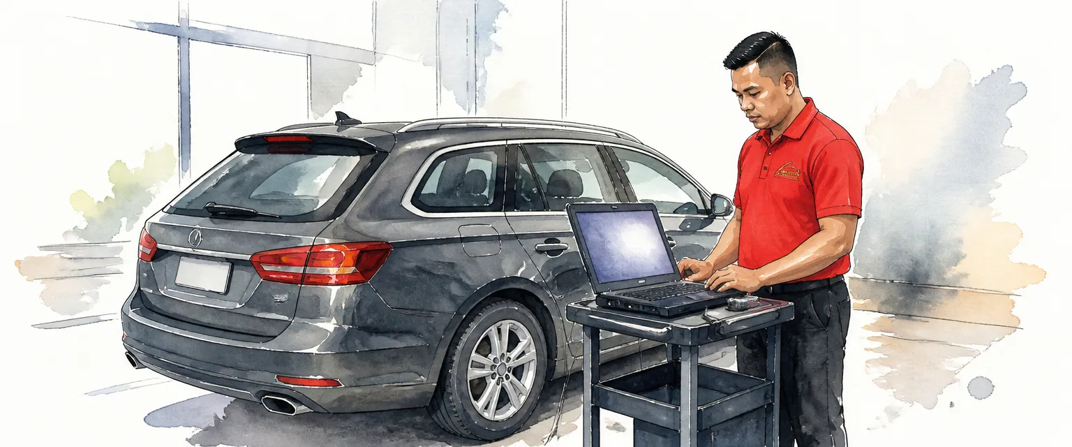 Watercolour illustration of a technician at a laptop trolley cabled to an estate car in a workshop bay.