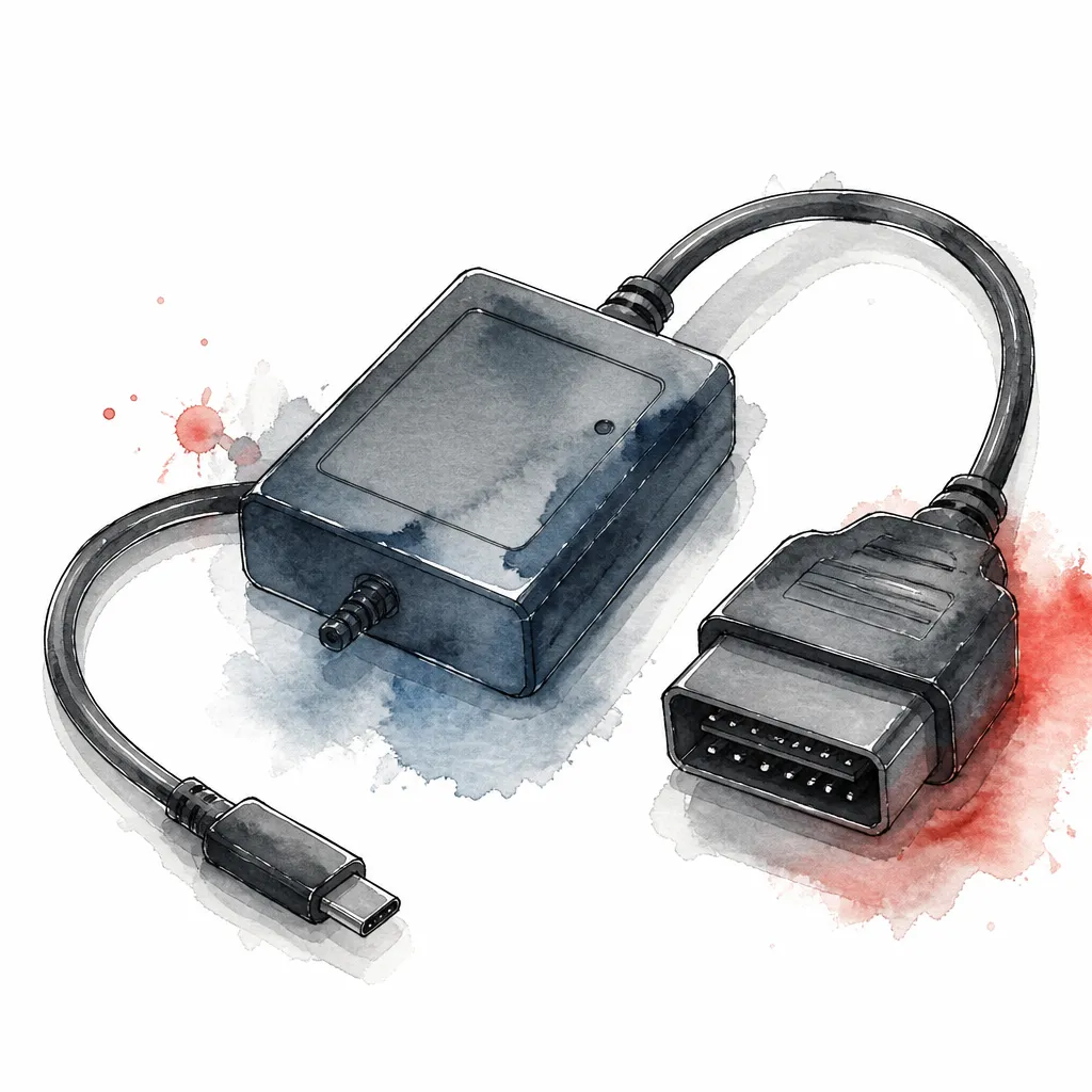 Watercolour close-up of a diagnostic interface box with its two cables.