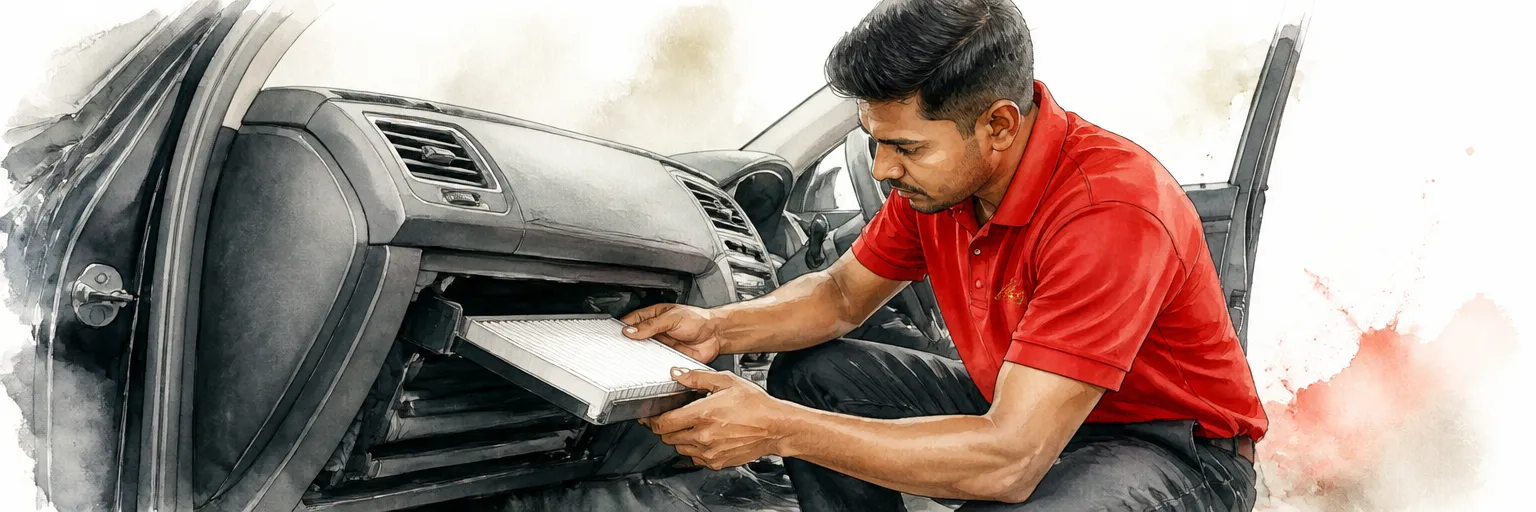 Watercolour illustration of a technician fitting a fresh cabin filter behind the glovebox of a car.