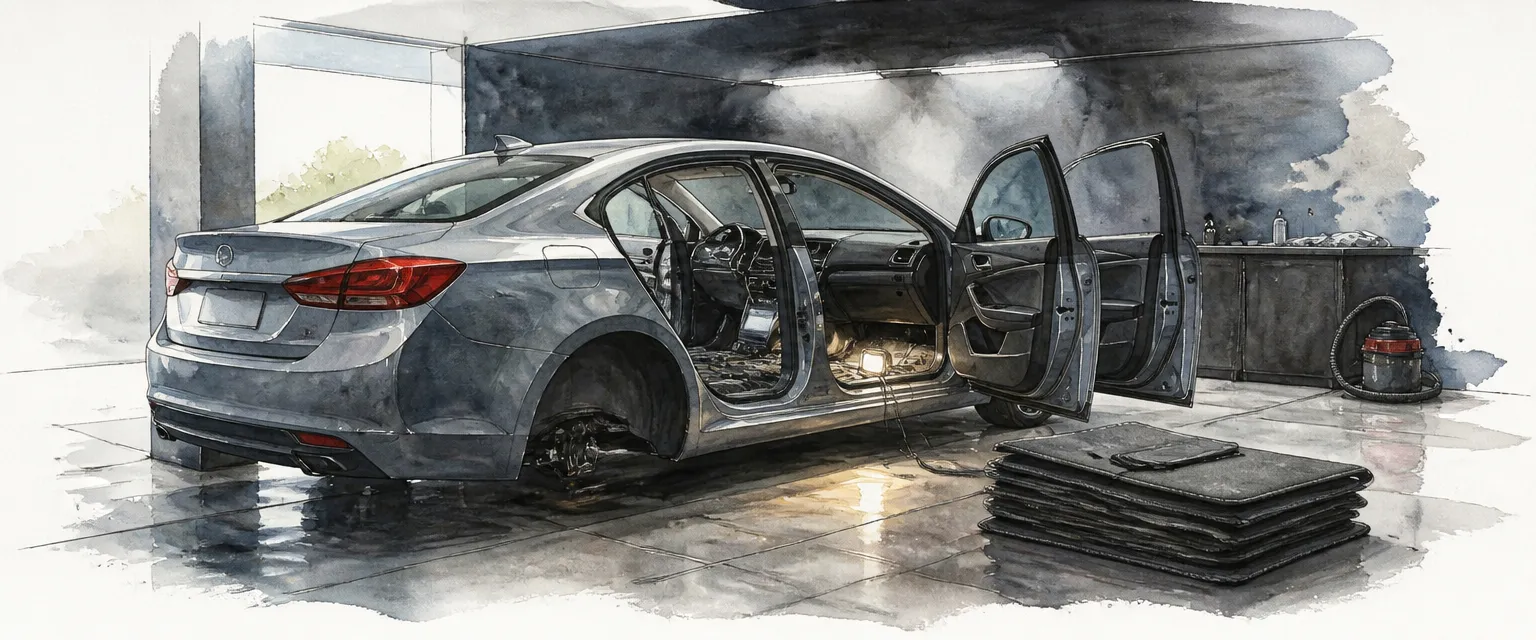 Watercolour illustration of a car with mats removed and doors open while a lamp lights the space under the seats.