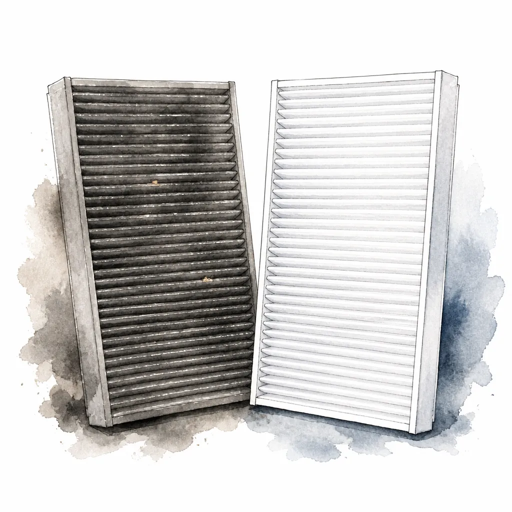 Watercolour close-up of a dust darkened cabin filter beside a fresh white one.