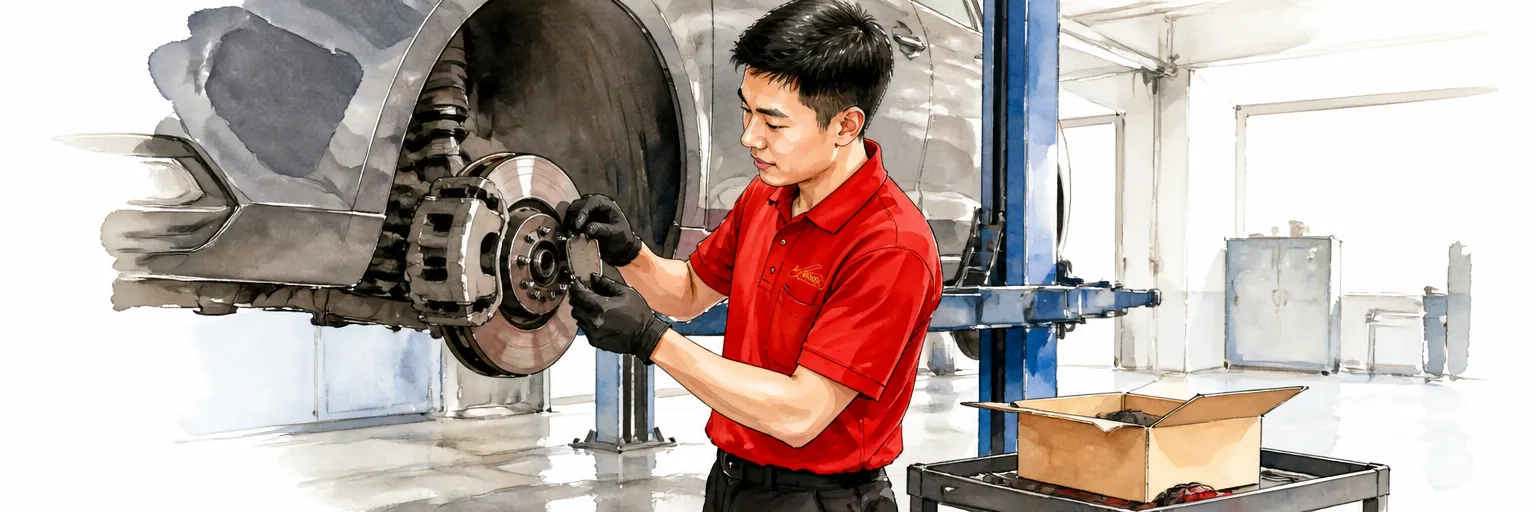 Watercolour illustration of a technician fitting a new brake pad on a car raised on a lift.