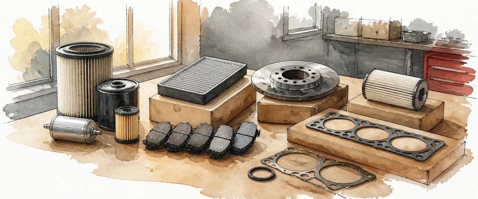 Watercolour illustration of new unbranded service parts laid out on a workshop bench.