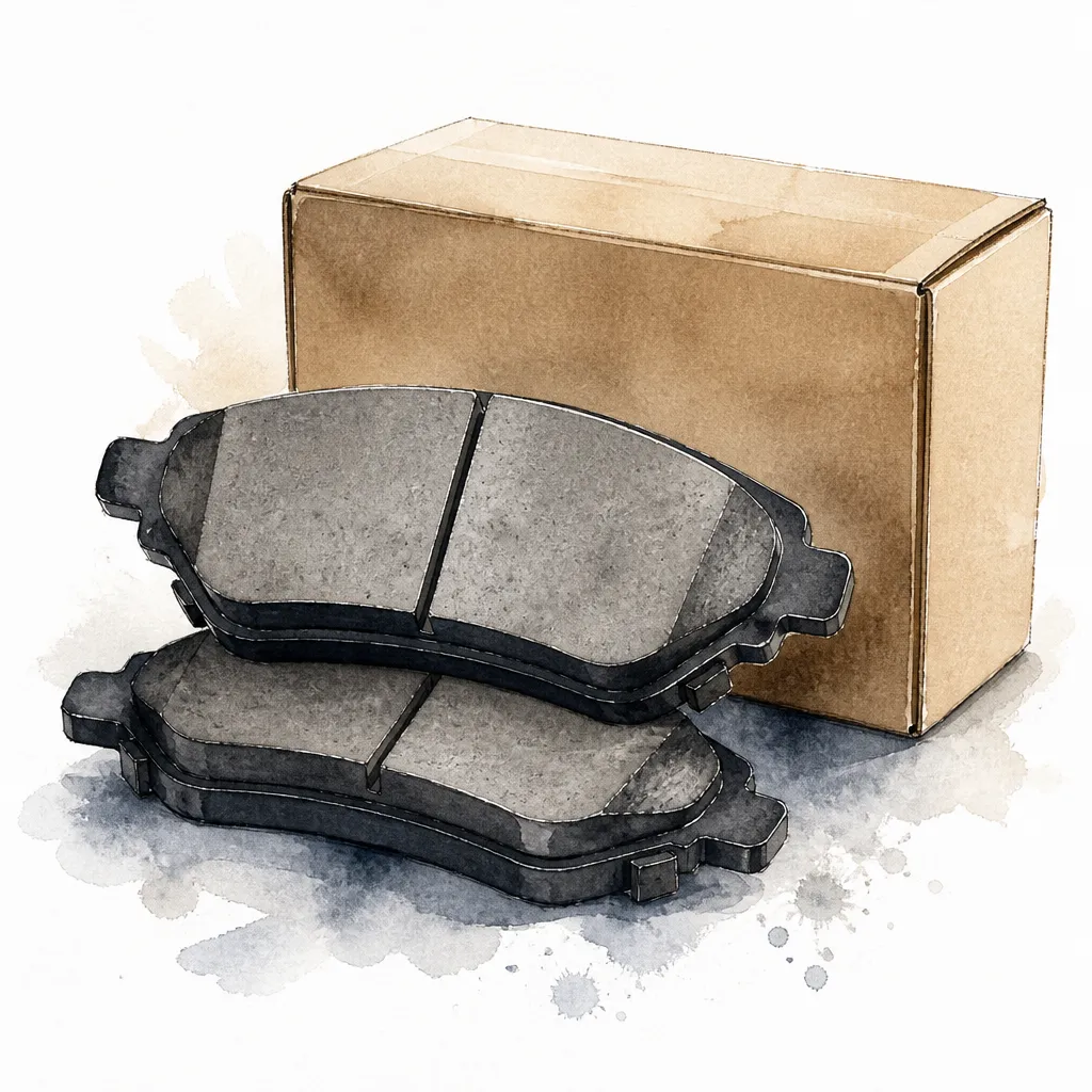Watercolour close-up of new brake pads beside a plain unmarked parts box.