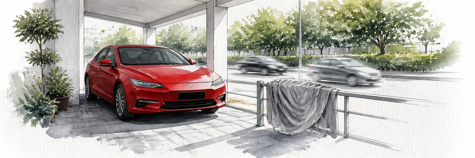 Watercolour illustration of a red plated car resting under a porch while traffic passes beyond.