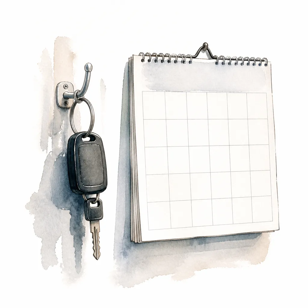 Watercolour close-up of a car key on a hook beside a blank calendar grid.