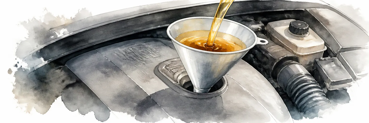 Watercolour close-up of a funnel seated in an oil filler neck with fresh amber oil.