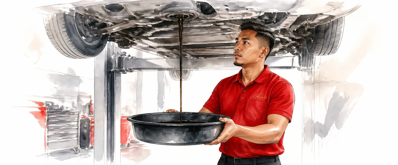 Watercolour illustration of a technician draining old oil from a car raised on a lift.