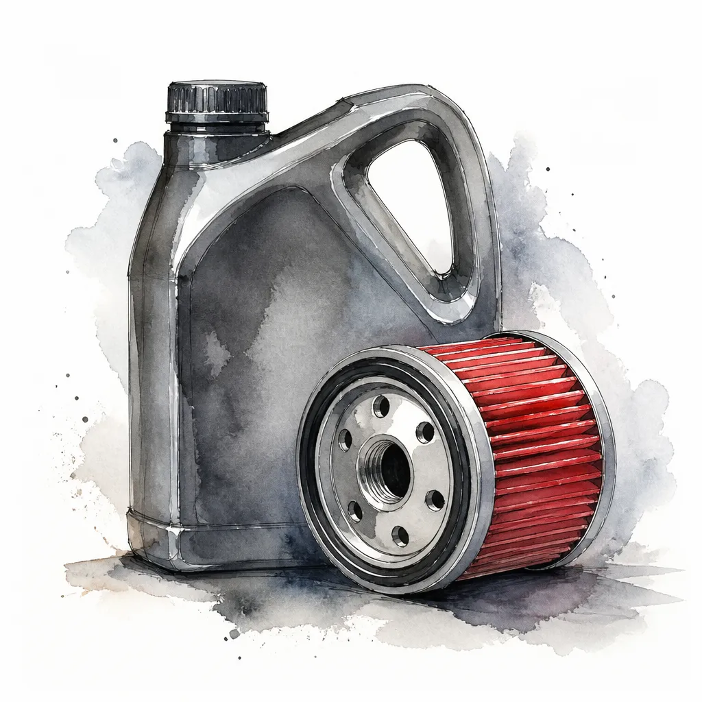 Watercolour close-up of an oil jug beside a new oil filter.