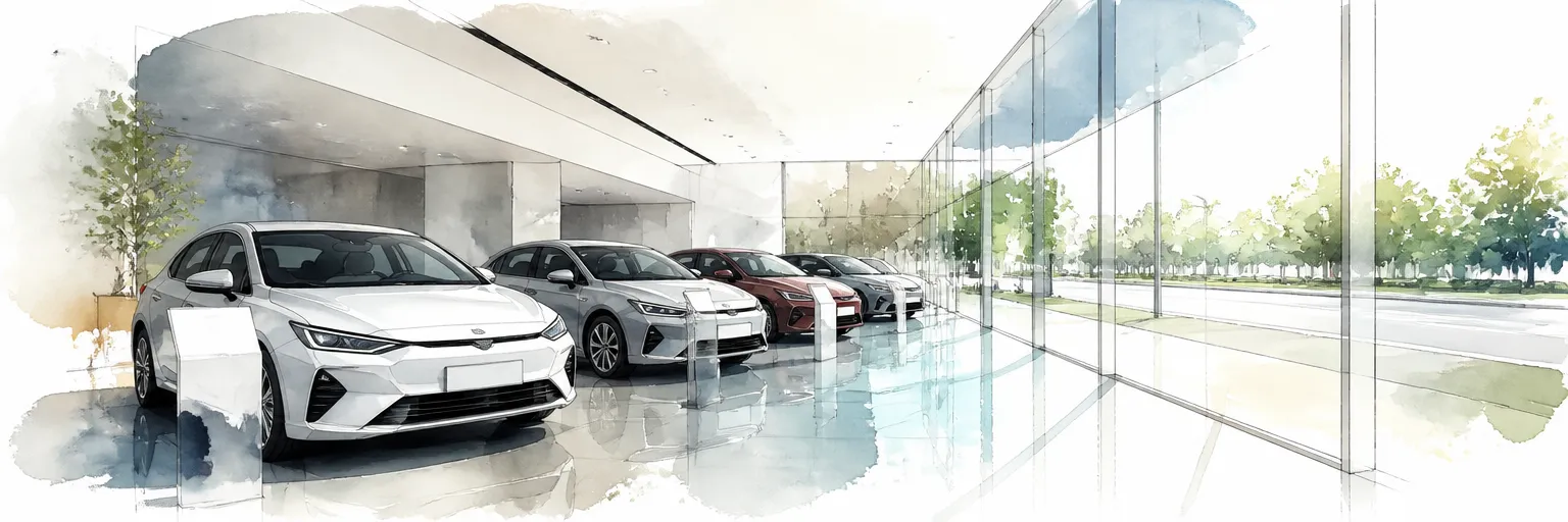 Watercolour illustration of new cars lined up inside a bright glass fronted showroom.