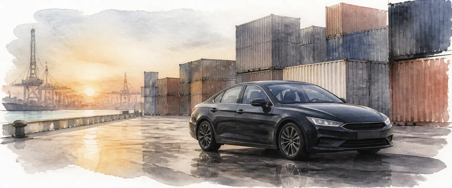 Watercolour illustration of a new saloon on a port quay among unmarked shipping containers at dawn.