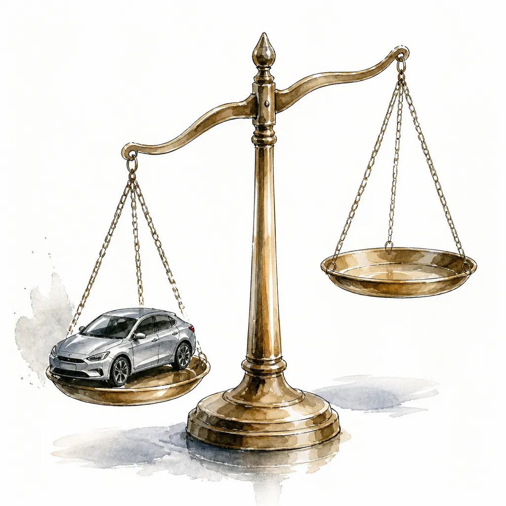 Watercolour close-up of a brass balance scale with a small toy car in one pan.