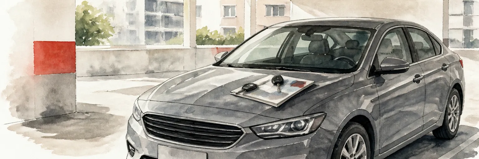 Watercolour illustration of two car keys on a folded document resting on the bonnet of a saloon.
