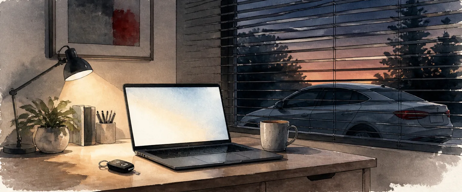 Watercolour illustration of a laptop with a softly glowing blank screen on a desk beside a car key.