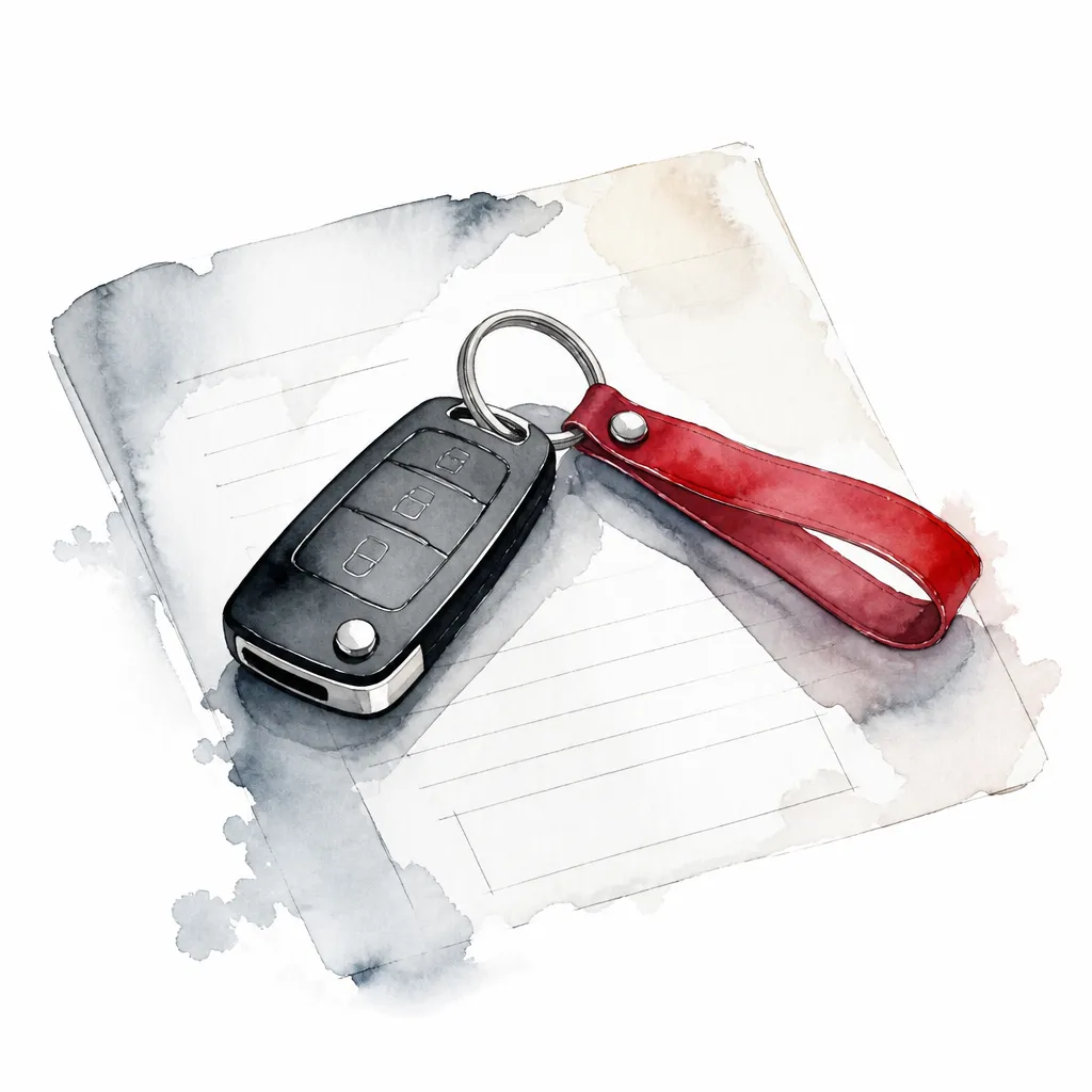Watercolour close-up of a car key resting on an unmarked form.