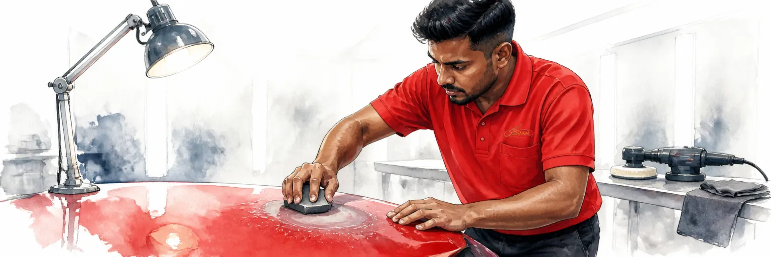 Watercolour illustration of a technician wet sanding a dimpled painted panel under a work lamp.
