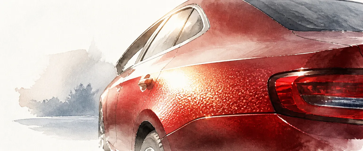 Watercolour close-up of raking light revealing a dimpled orange peel texture on a painted rear quarter.