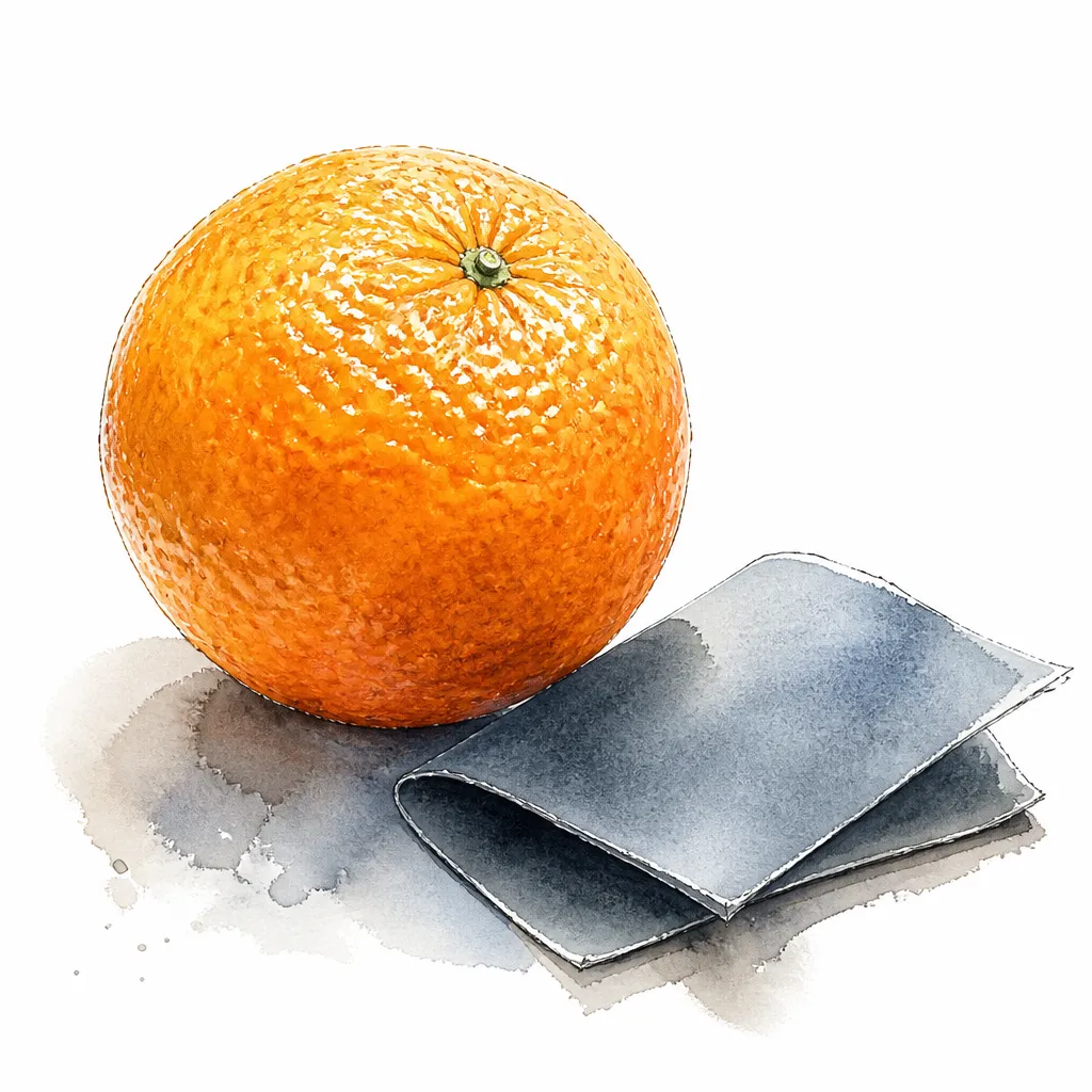 Watercolour close-up of an orange with dimpled peel beside a sheet of fine sanding paper.
