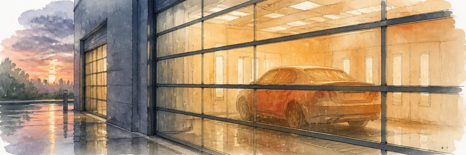 Watercolour illustration of rain on a workshop shutter while a booth glows warm around a curing car.