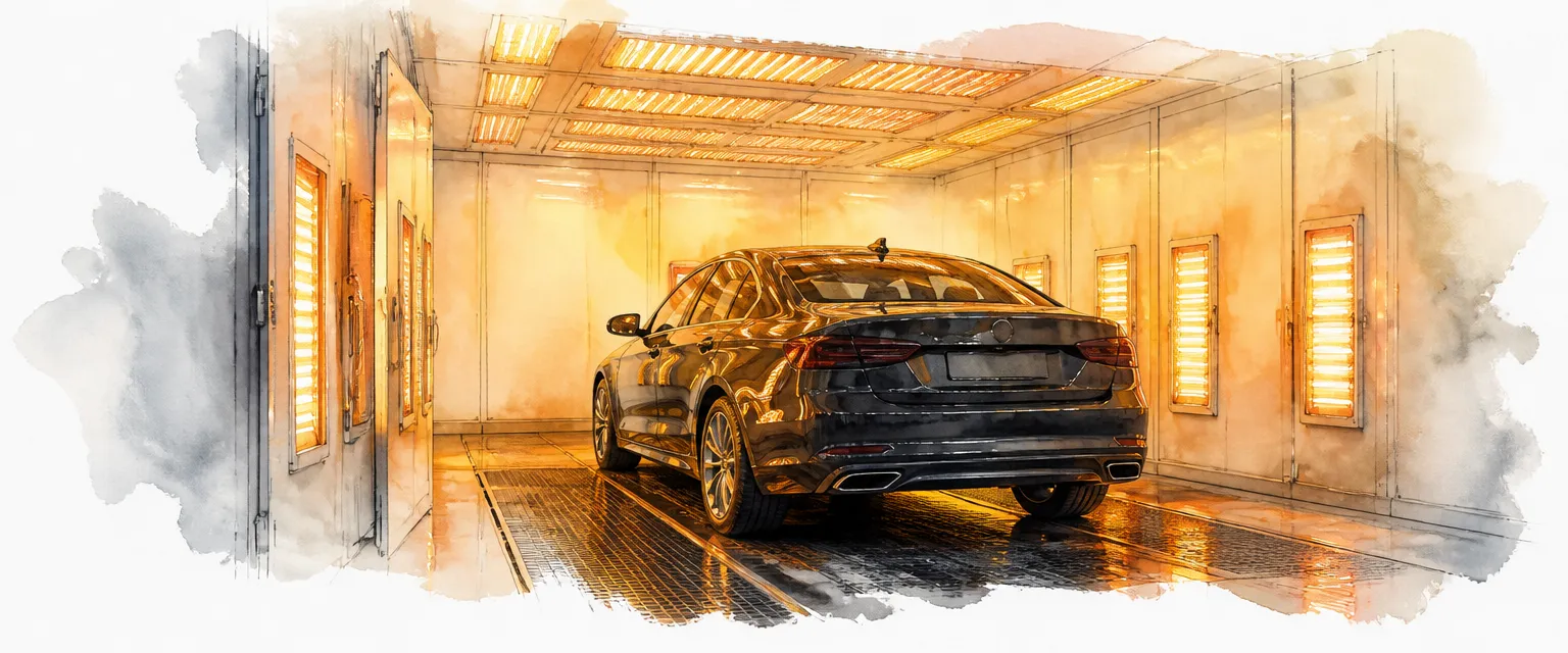 Watercolour illustration of a freshly painted saloon inside a spray booth glowing with warm bake light.